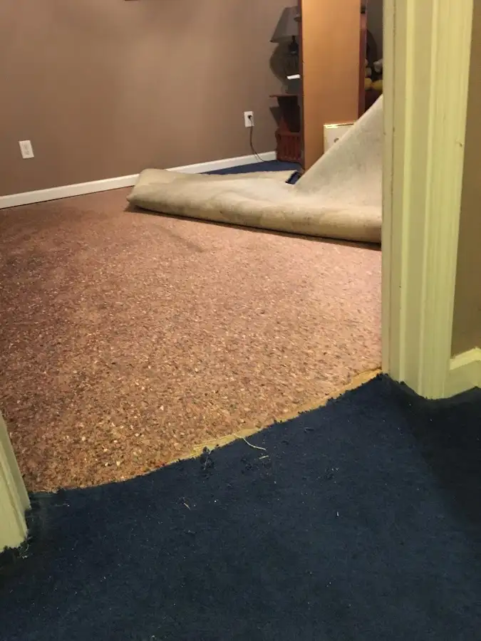 Carpet pad removal revealing water damage during Water Mitigation Services in Roseville